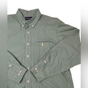 Ralph Lauren Men's Green Plaid Long Sleeve Classic Fit Shirt 17 XL Yellow Pony